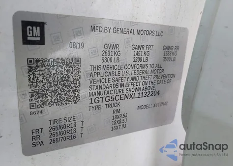 2020 GMC Canyon 2Wd Short Box Sle z USA, uszkodzony, nr VIN 1GTG5CENXL1132204